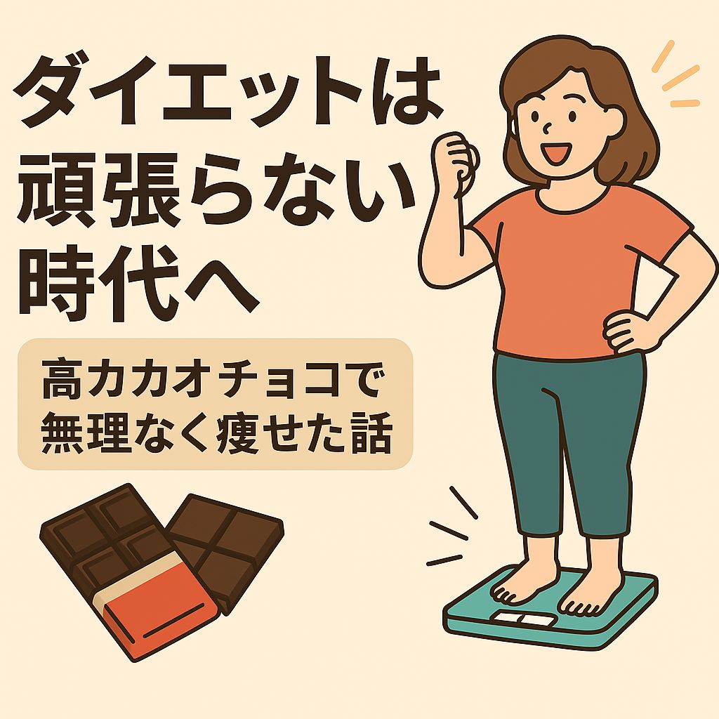 高カカオチョコレートを手にする女性と体重計のイラスト。無理なくダイエットできたことを象徴する表情と構図。