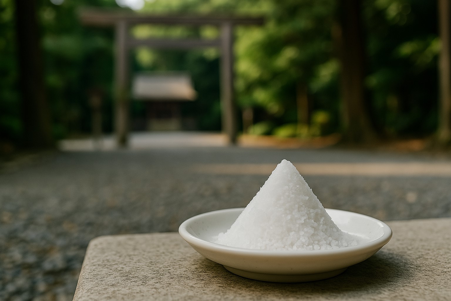 焼き塩とは、風水で空間を浄化するために使われる塩のこと。神社の鳥居前に置かれた焼き塩が浄化の象徴として写っている"