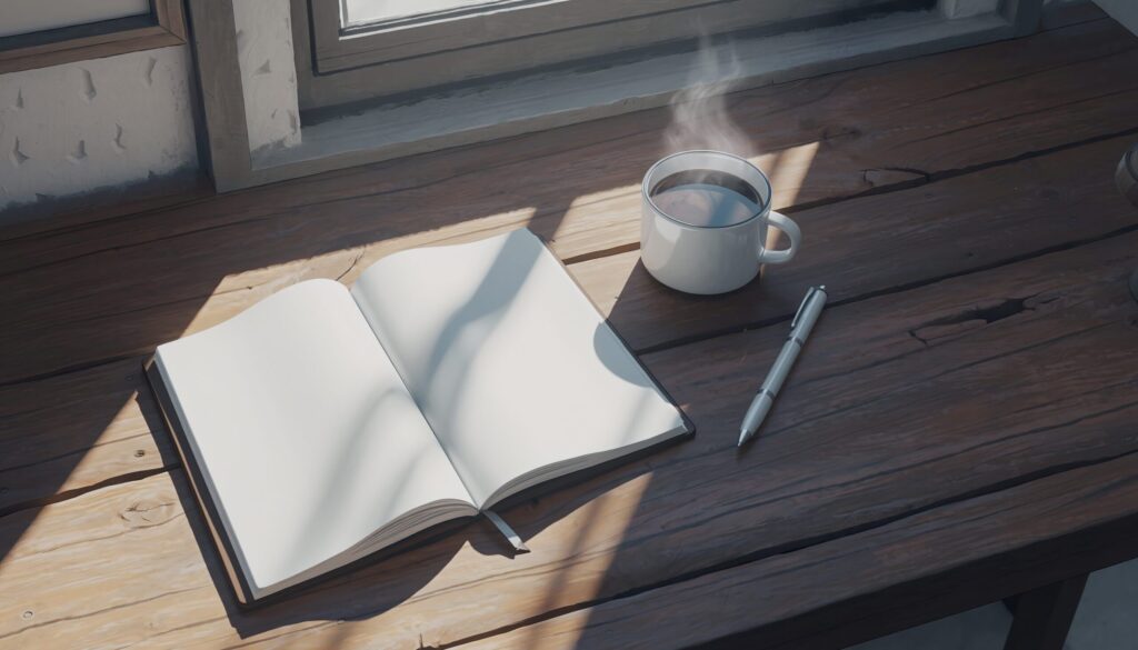 朝の光とコーヒー、前向きな一日を始める静かなデスクの風景