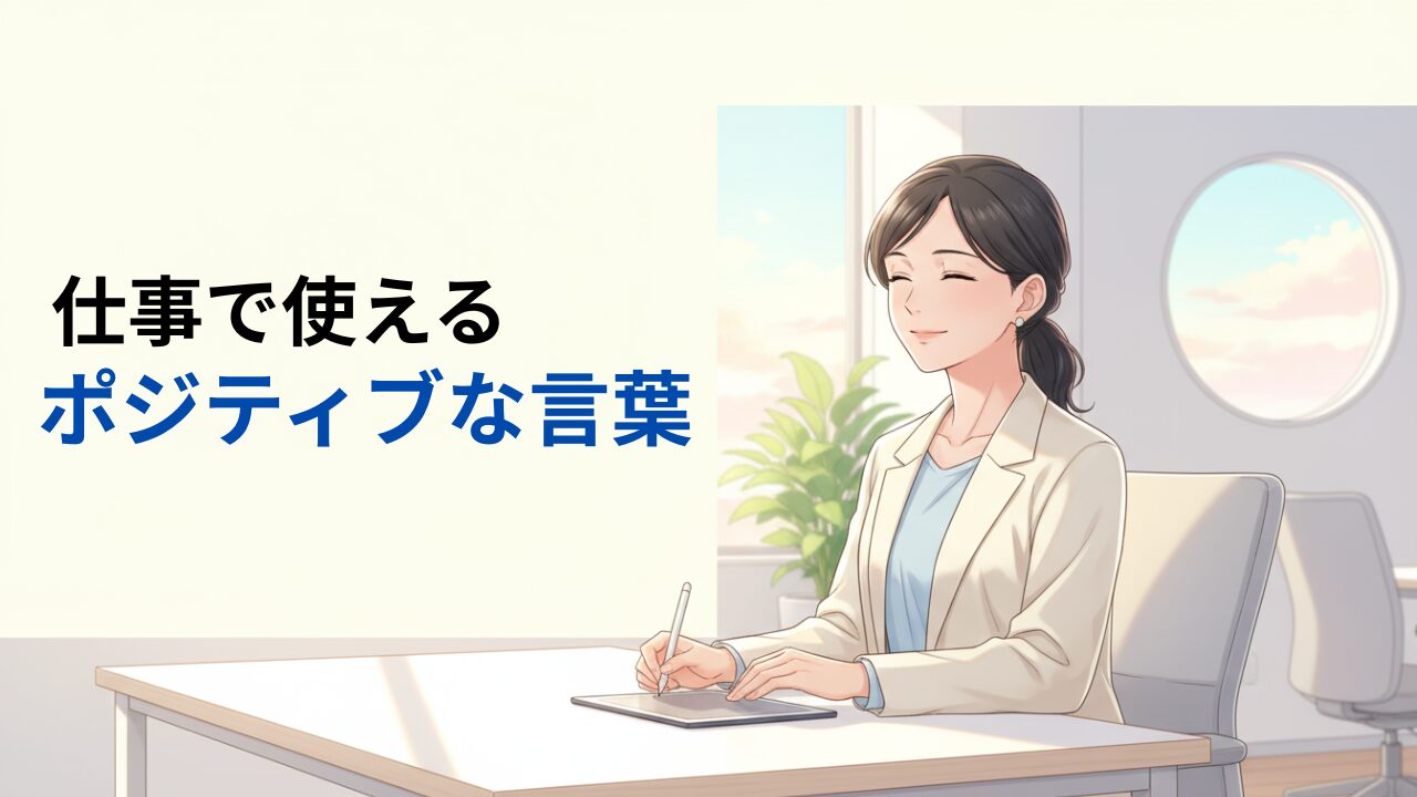 朝の光が差し込むオフィスと、仕事で使えるポジティブな言葉を載せるための余白がある背景画像