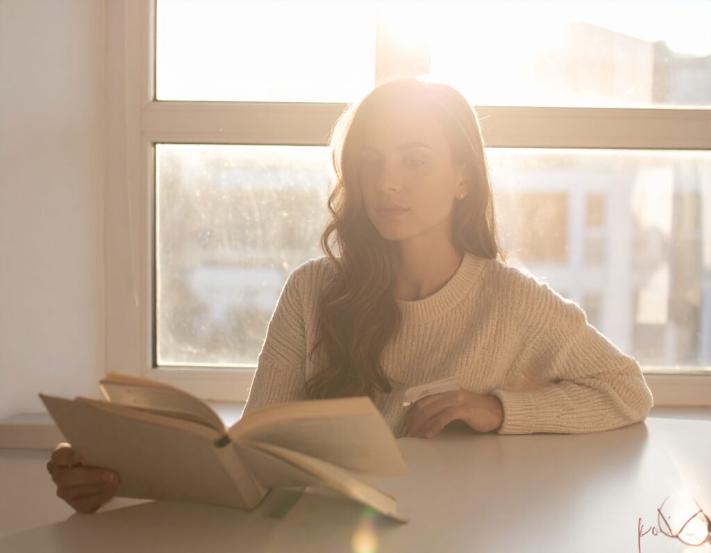 ポジティブ名言を象徴する明るい朝日の中で本を開く人のシルエット。前向きな言葉と希望をテーマにしたアイキャッチ画像。