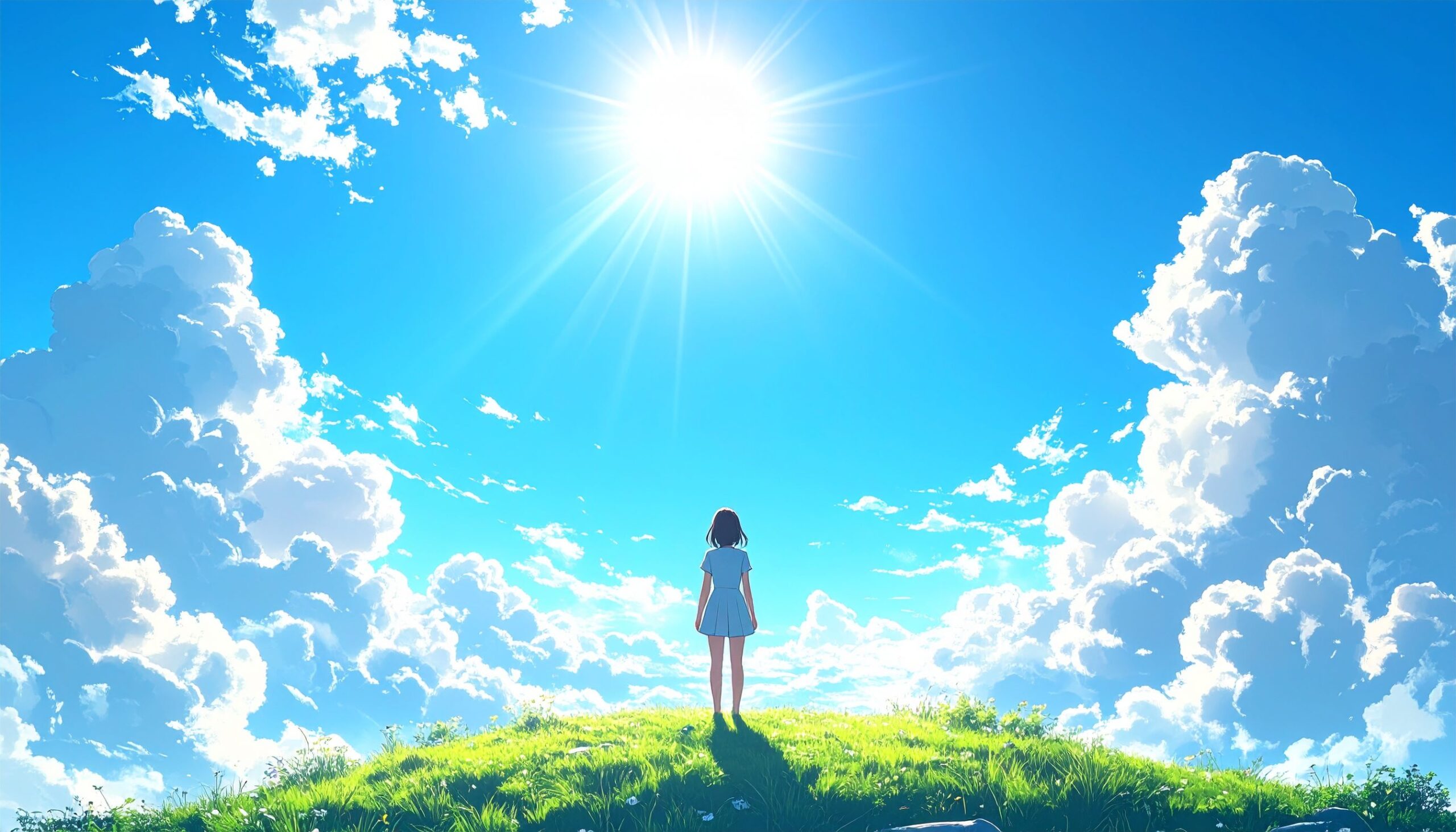 丘の上から青空を見上げる人の姿。希望と新しい始まりを象徴する爽やかなイメージ。