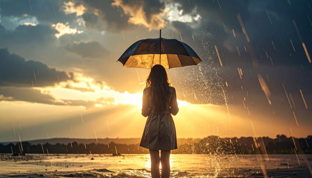 雨の中で光る傘を差す人。困難を乗り越える強さと希望を表現した印象的なイメージ。