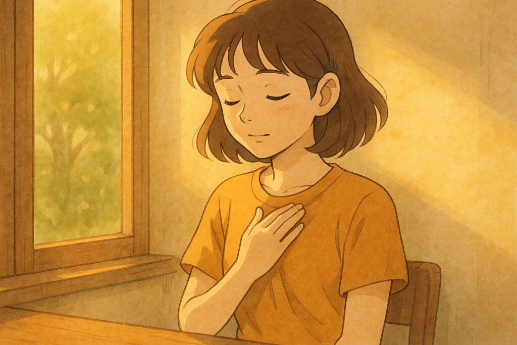 人間関係がしんどくなったジブリ風に描かれた女性が胸に手を当て、自分をいたわるように深く呼吸しているイラスト。柔らかい光に包まれ、心を落ち着かせる優しい雰囲気が伝わる。