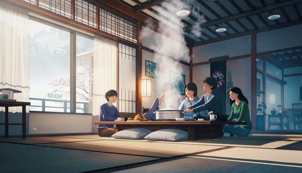 立冬の風物詩を表す、湯気の立つ鍋料理と朝の日差しを描いたジブリ風アニメイラスト。
