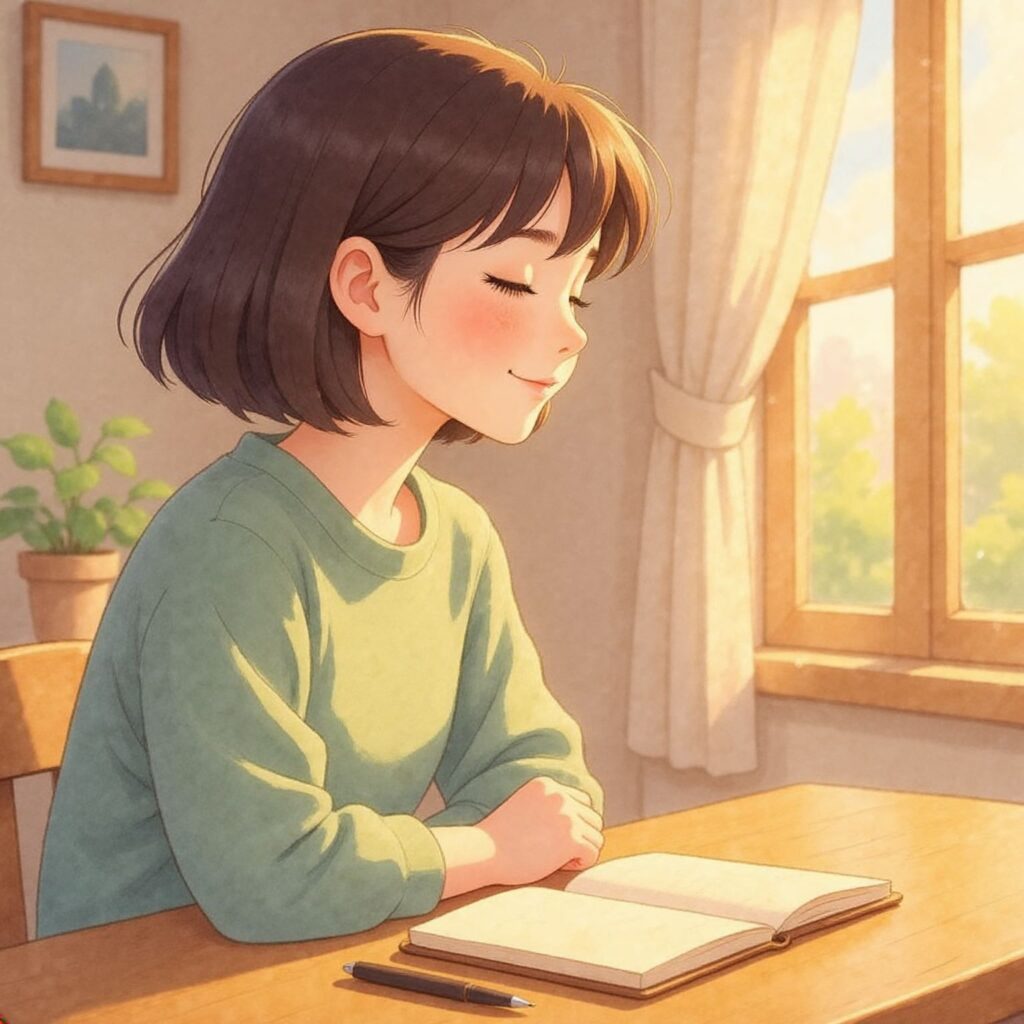 ジブリ風のタッチで描かれた女性が、柔らかい朝の光の中で横向きに座り、窓辺で静かに物思いにふけっているイラスト