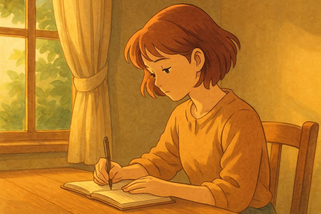 人間関係がしんどくなったジブリ風の女性がノートに気持ちを書き出しているシーン。柔らかい朝の光に包まれ、心の整理や感情のデトックスを表現した温かいイラスト。