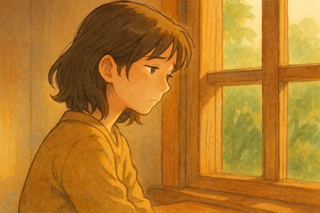 ジブリ風のタッチで描かれた女性が、窓辺で少し疲れた表情を浮かべながら外を見つめているイラスト。柔らかい光が差し込み、人間関係のしんどさや心の疲れを表現している。