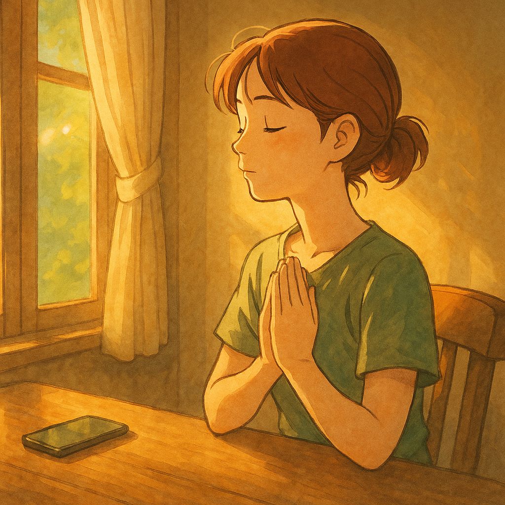ジブリ風のタッチで描かれた女性が、窓際で深呼吸しながら静かに5分休んでいるイラスト。人間関係がしんどくなったらスマホを伏せ、心を落ち着かせている様子が柔らかい光の中で表現されている。