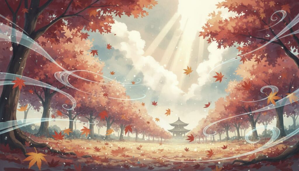 休み明けに気の流れが変化する様子を表すアニメ風イラスト。風と光が暦の切り替えを象徴。
