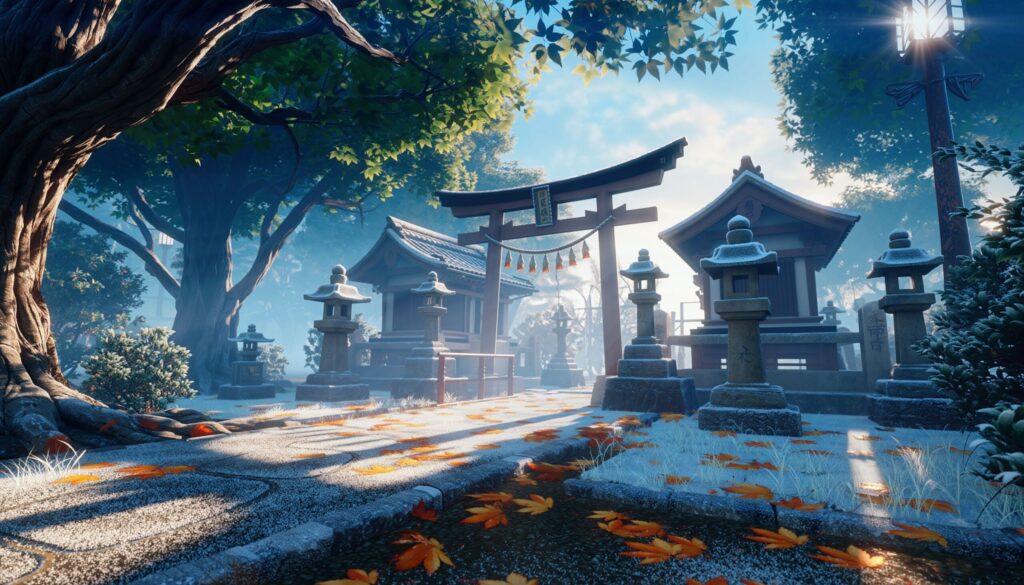 立冬の朝、霜と朝日が照らす神社の風景を描いたジブリ風アニメイラスト。
