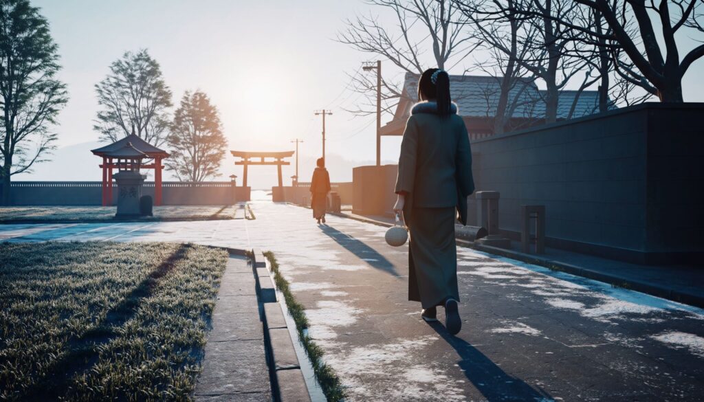 立冬の朝、霜の道を神社へ向かって歩く女性を描いたジブリ風アニメイラスト。
