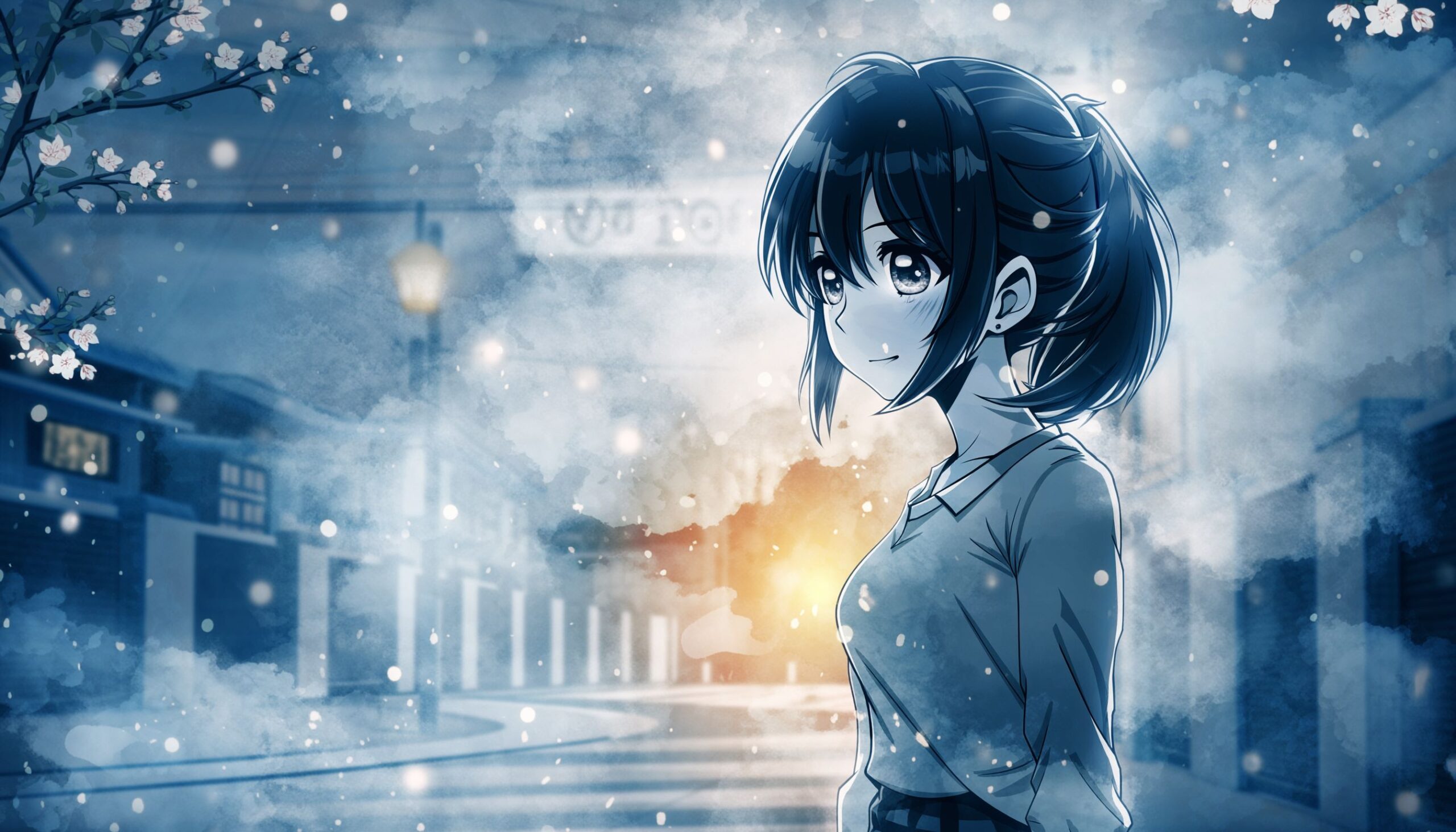 連休明けの凶日を表す和風イラスト。曇り空の朝に通勤する人と希望の光を描いたジブリ風のアニメスタイル画像。