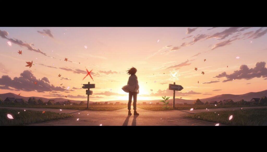 夕暮れの交差点で希望を感じる人のイラスト。凶日から前向きな明日へと向かう象徴的な画像。
