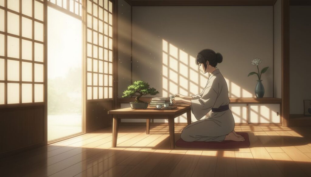 光の差す部屋で片付けをする人のイラスト。凶日に心と空間を整える様子を表現。
