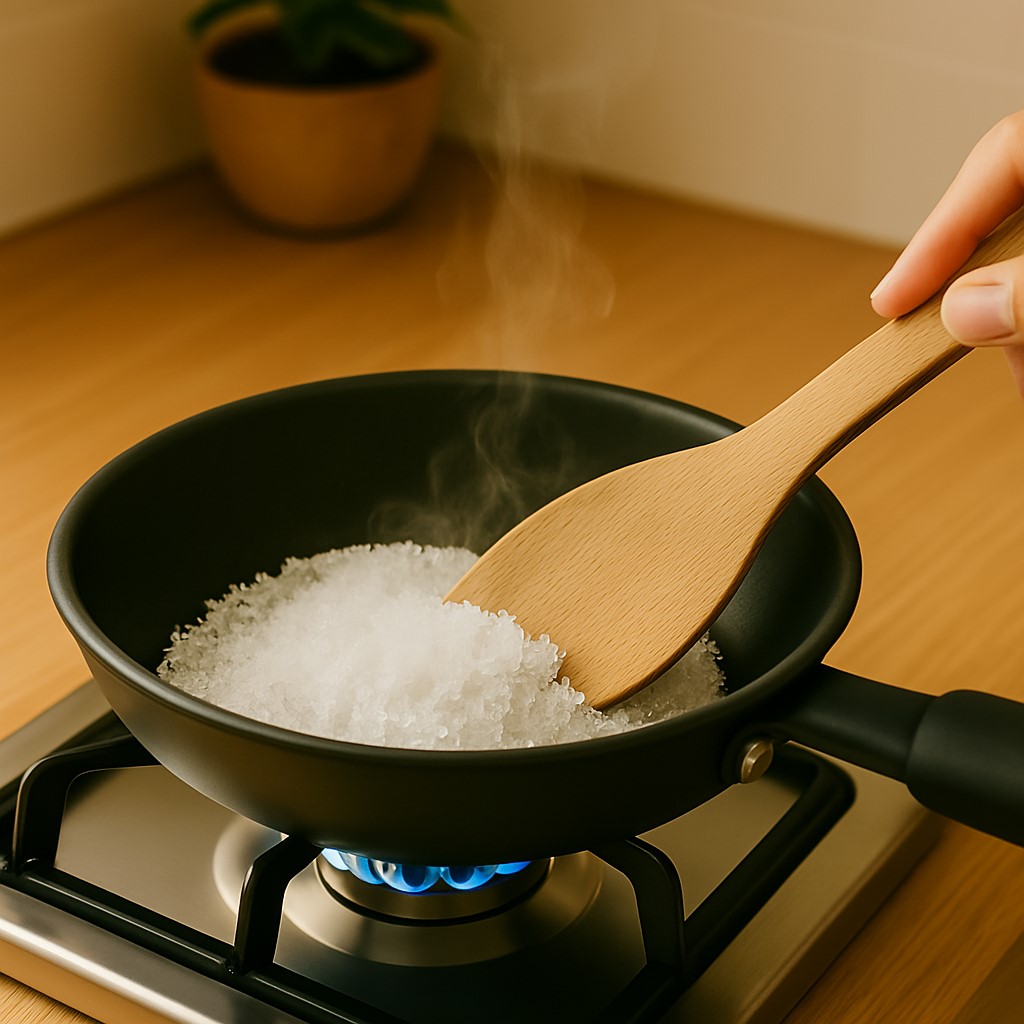 焼き塩の作り方-フライパンで天然塩を炒める手順